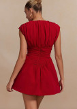 Spring Women's Round Neck Sleeveless Slim Waist Ruched A-Line Mini Dress