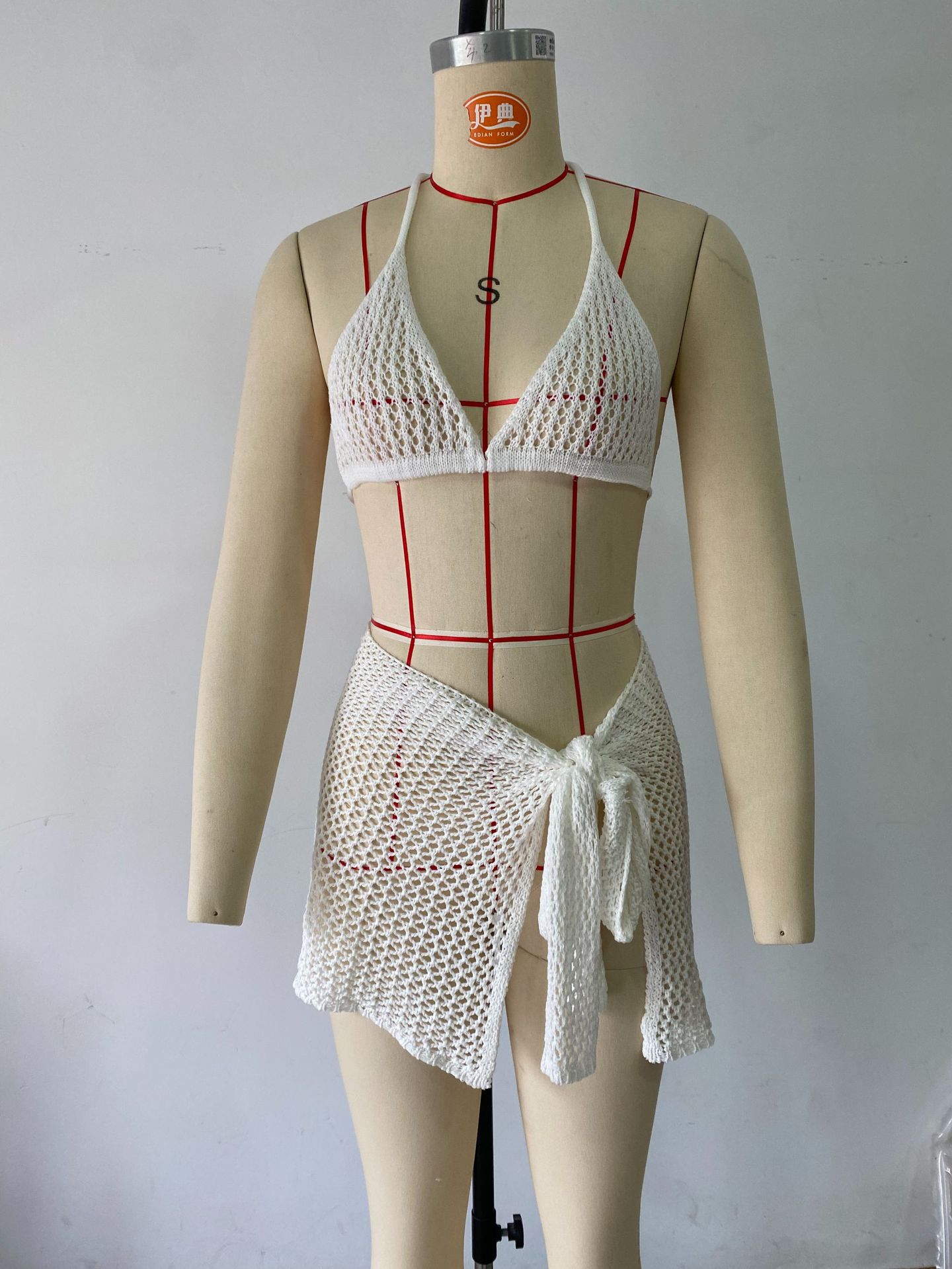 Lace-Up Hollow Texture Top & Bodycon Wrap Skirt Set