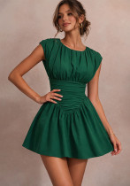 Spring Women's Round Neck Sleeveless Slim Waist Ruched A-Line Mini Dress Spring Women's Round Neck Sleeveless Slim Waist Ruched A-Line Mini Dress