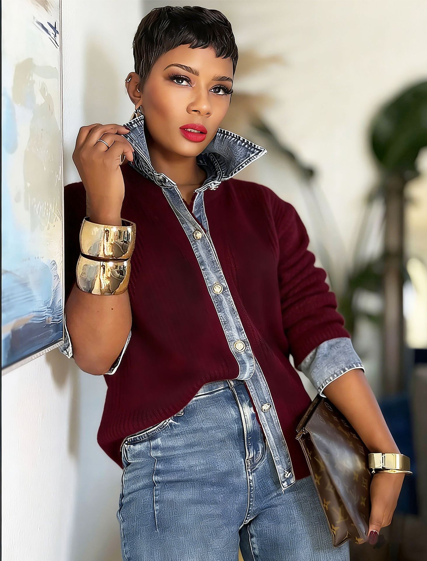 Patchwork Faux Two-Piece Denim Collar Button Knit Top