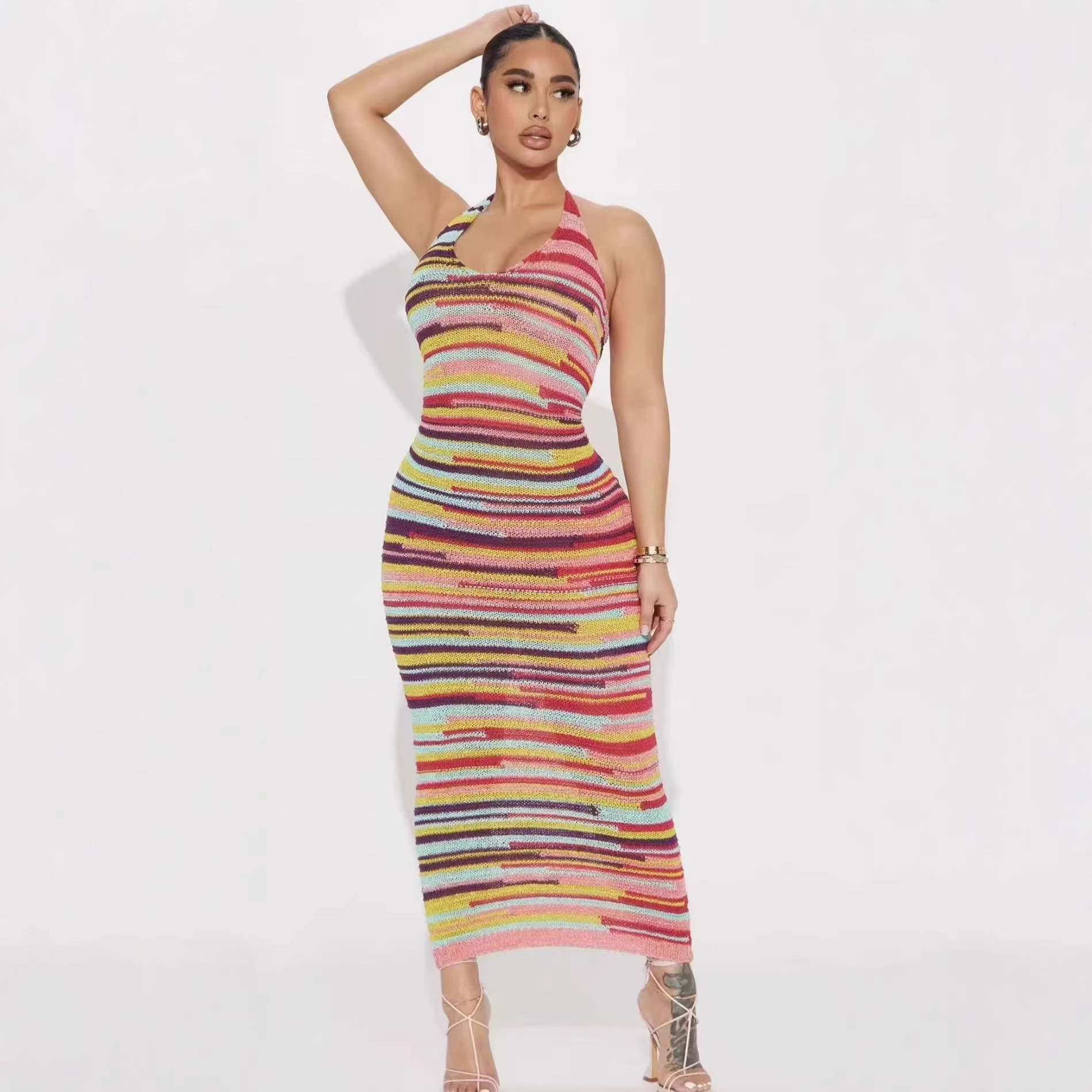 Stripe Lace-Up Low Back Sexy Holiday Beach Mini Dress