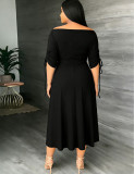 Spring Women's Off Shoulder Lace-Up Slim Fit Half Sleeve A-Line Midi Dress