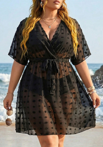 Spring Women's Plus Size Deep V Lace-Up Jacquard Chiffon Beach Dress Cover-Up