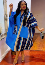 Spring Women's African Stripes Patchwork V-Neck Bat Sleeve Satin Long Dress Spring Women's African Stripes Patchwork V-Neck Bat Sleeve Satin Long Dress