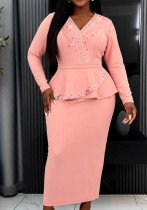 Spring Women's Formal Party Slim Waist Beaded V-Neck Ruffle Elegant Career Formal Party Dress Spring Women's Formal Party Slim Waist Beaded V-Neck Ruffle Elegant Career Formal Party Dress