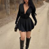 Spring Women's Deep V-Neck Slim Waist Ruched Ruffle Mini Dress