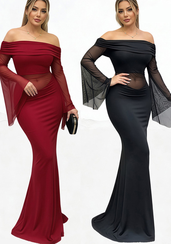 Spring Women's Sexy Off Shoulder Mesh Mermaid Evening Party Dress