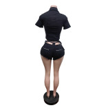 Spring Women's High Stretch Short Sleeve Denim Top & Shorts Casual Set