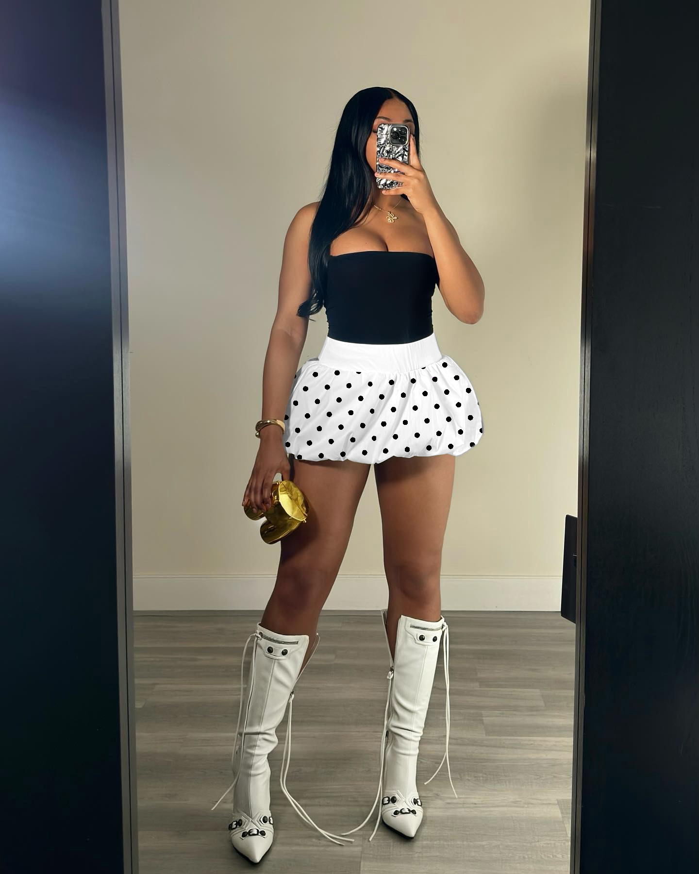 Polka Dot High-Waist Pleated Elastic Waist Mini Skirt