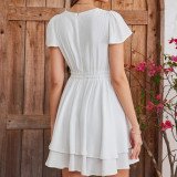 Spring Women's Chic Solid Deep V-Neck Slim Waist Ruffle Flutter Sleeve A-Line Mini Dress