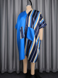 Spring Women's African Stripes Patchwork V-Neck Bat Sleeve Satin Long Dress