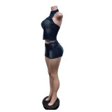 Spring Women's Sleeveless Low Back Denim Shorts Set