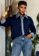 Spring Women's Patchwork Faux Two-Piece Denim Collar Button Knit Top