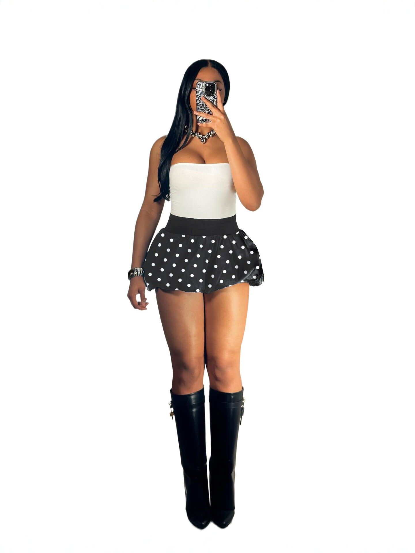 Polka Dot High-Waist Pleated Elastic Waist Mini Skirt