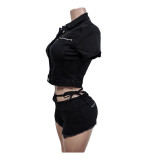 Spring Women's High Stretch Short Sleeve Denim Top & Shorts Casual Set