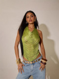 Spring Summer Women's Sexy Hollow Out Fringe Halter Neck Lace-Up Festival Tank Top