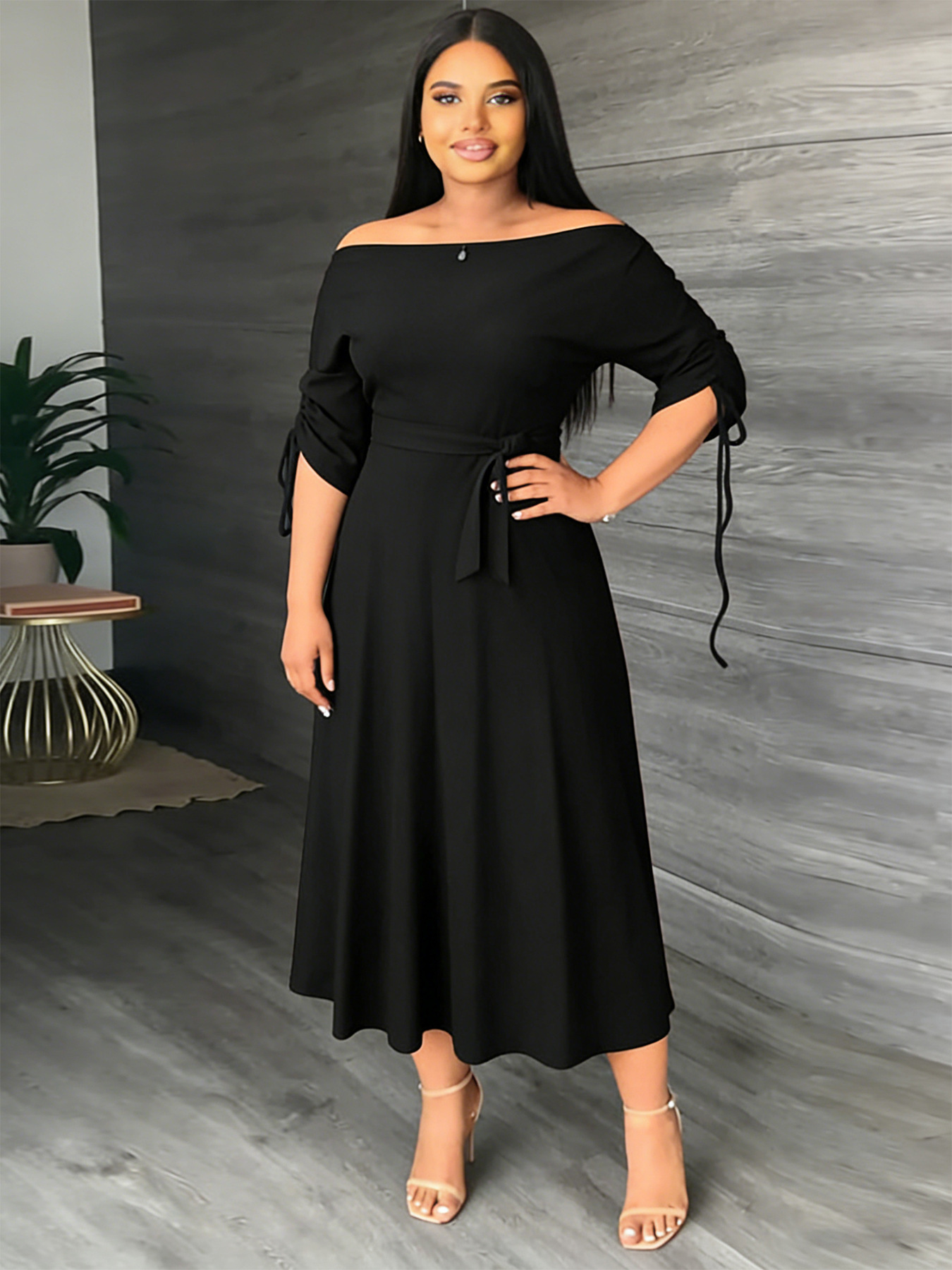Off-Shoulder Lace-Up Slim Fit Half Sleeve A-Line Midi Dress