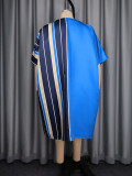 Spring Women's African Stripes Patchwork V-Neck Bat Sleeve Satin Long Dress
