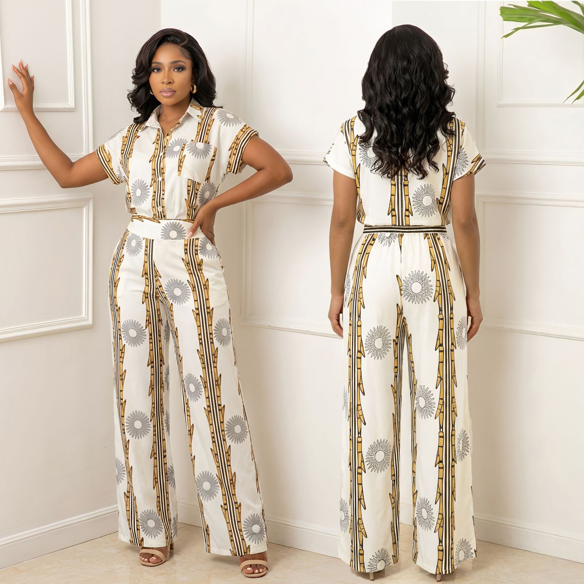 Turndown Collar Long Sleeve Shirt & Pants Holiday Two-Piece Set