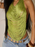 Spring Summer Women's Sexy Hollow Out Fringe Halter Neck Lace-Up Festival Tank Top