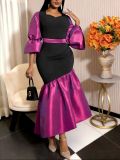 Spring Women's African Fashion Bell Sleeve Colorblock Ruffle Mermaid Evening Dress