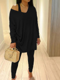 Spring Women's Chic One-Shoulder Loose Top & Tight Pants Casual Set