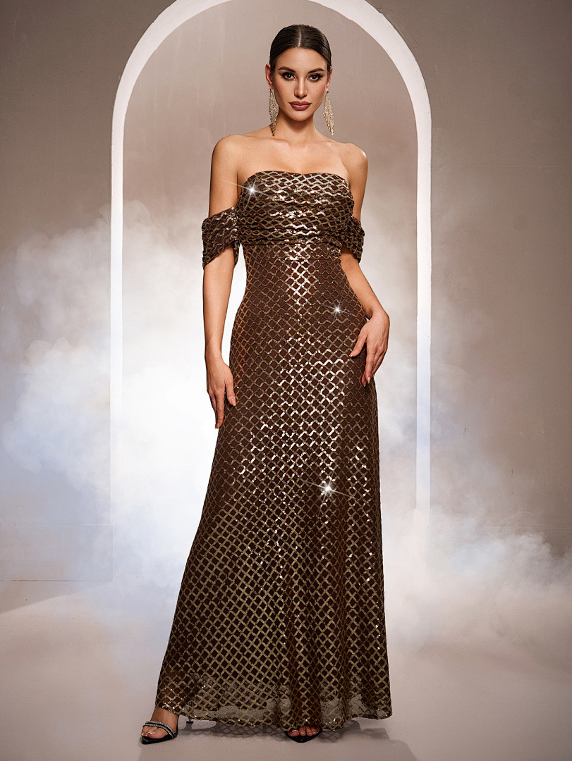 Luxury Sleeveless Off-Shoulder Sequin A-Line Formal Evening Dress