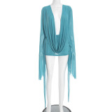 Women's Mesh Draped Neck Flared Long Sleeve Low Back Short Dress