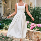 Spring Women's Chic Square Neck Strap Low Back Slim Fit Holiday Long Dress