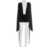 Women's Mesh Draped Neck Flared Long Sleeve Low Back Short Dress