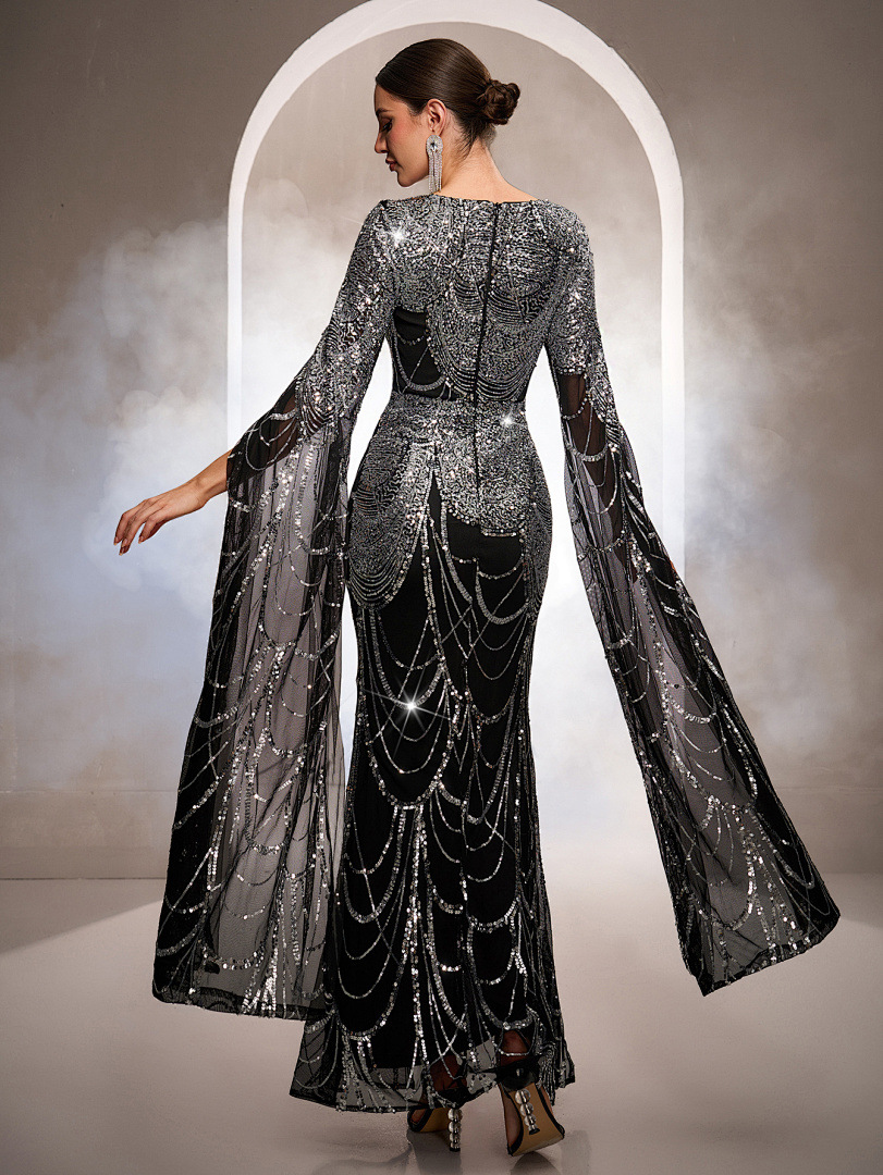 Luxury Long Sleeve Square Neck Sequin Slit Evening Dress
