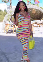 Spring Women's Multi-Color Stripe Lace-Up Low Back V-Neck / Round Neck Sexy Holiday Beach Mini Dress