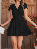 Spring Women's Chic Solid Deep V-Neck Slim Waist Ruffle Flutter Sleeve A-Line Mini Dress