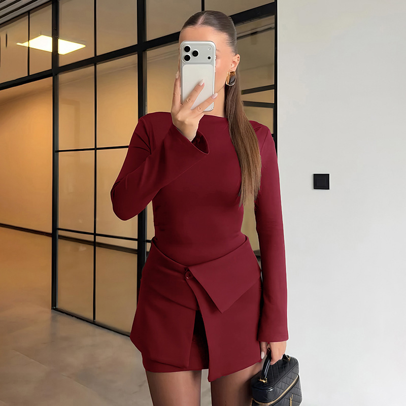Flared Sleeve Short Dress & Button-Front Skirt Two-Piece Set