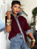 Spring Women's Patchwork Faux Two-Piece Denim Collar Button Knit Top