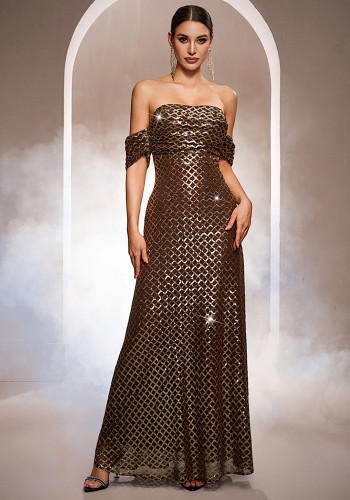 Spring Women's Luxury Sleeveless Off Shoulder Sequin A-Line Formal Party Evening Dress