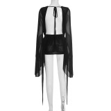 Women's Mesh Draped Neck Flared Long Sleeve Low Back Short Dress