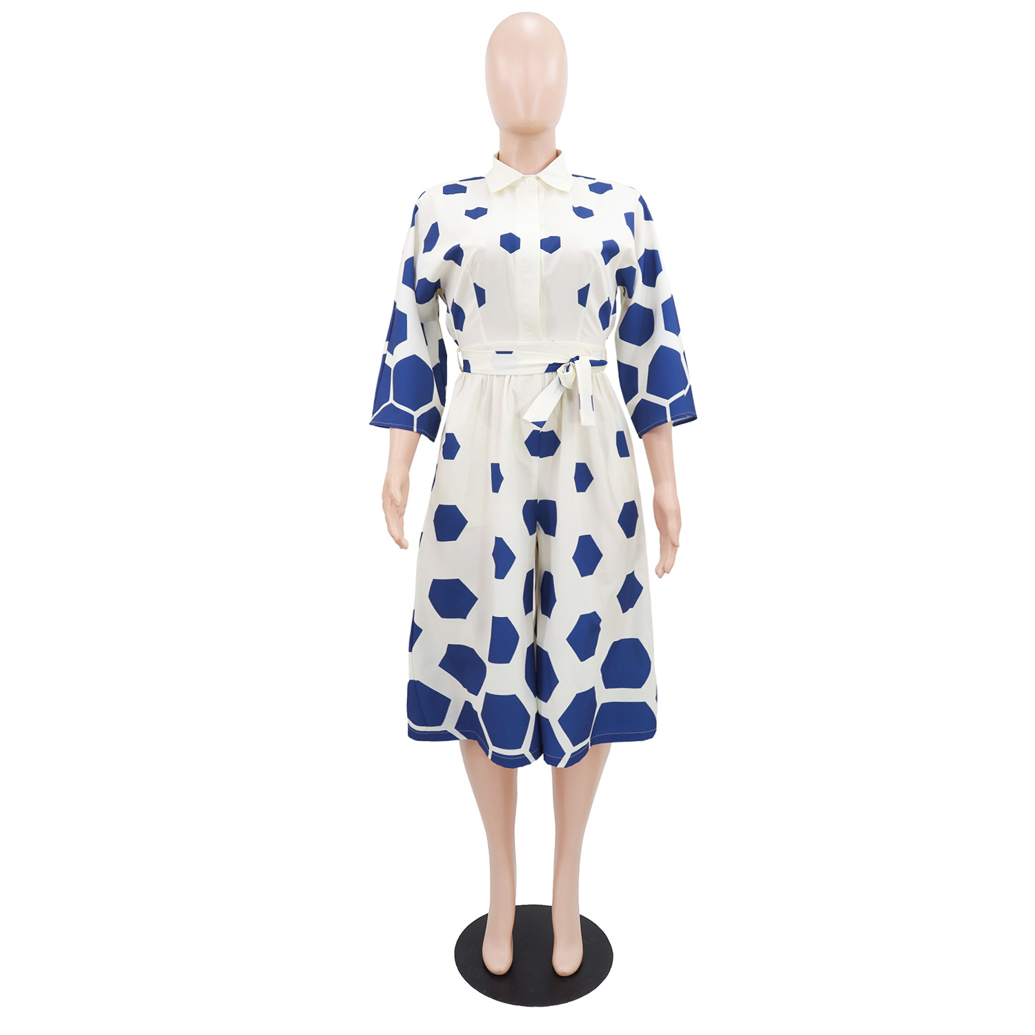 Wide Leg Positioning Print Turndown Collar Half Sleeve Jumpsuit