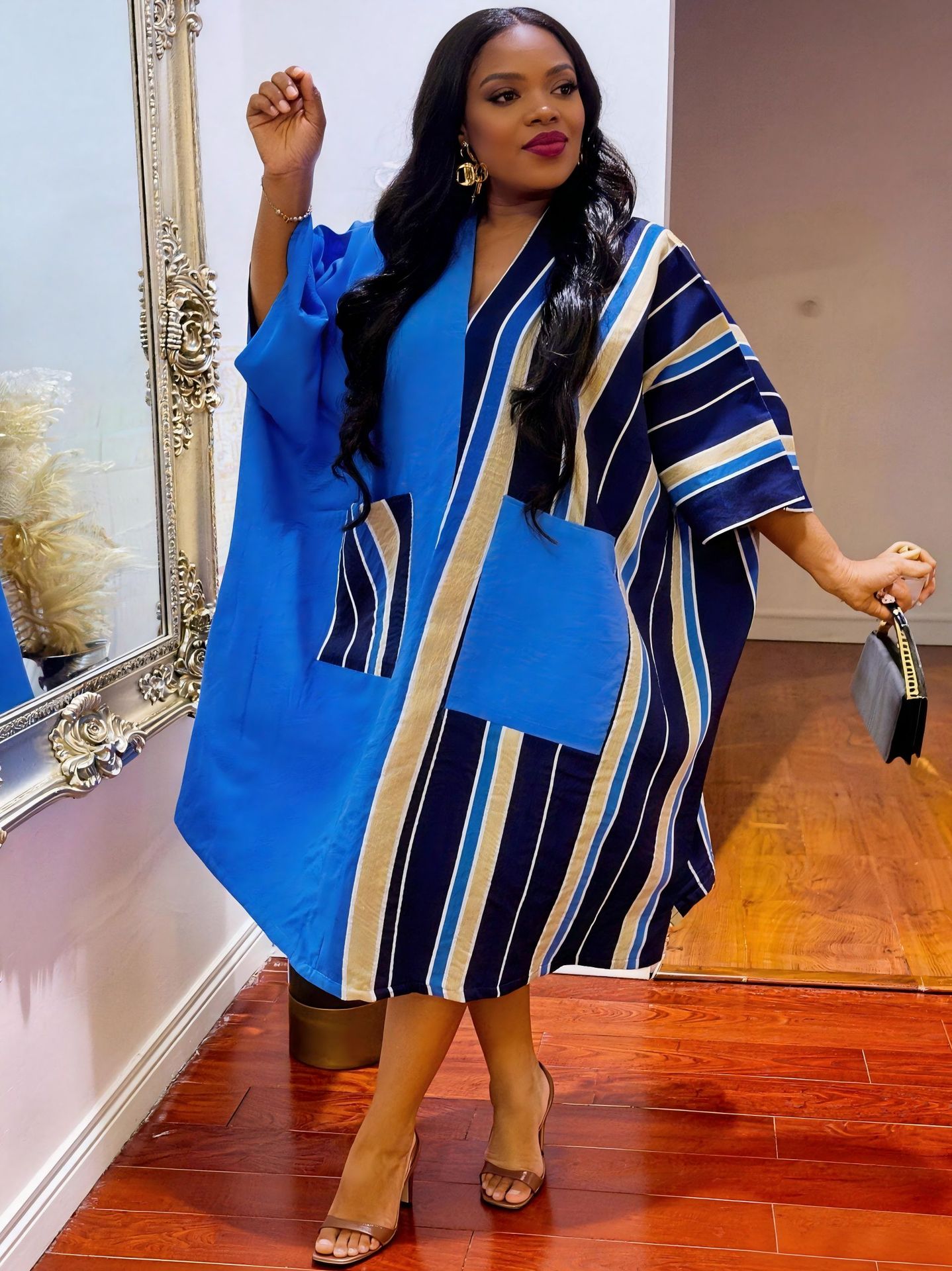 African Stripes V-Neck Bat Sleeve Satin Maxi Dress