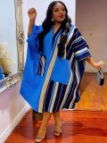Spring Women's African Stripes Patchwork V-Neck Bat Sleeve Satin Long Dress