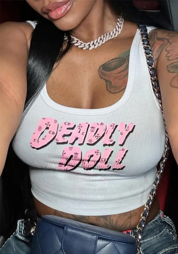 Spring Women's Sexy Letter Print U-Neck Ribbed Tank Top