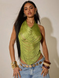 Spring Summer Women's Sexy Hollow Out Fringe Halter Neck Lace-Up Festival Tank Top