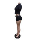 Spring Women's High Stretch Short Sleeve Denim Top & Shorts Casual Set