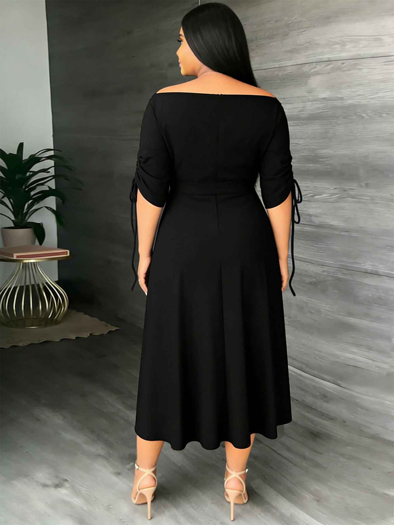 Off-Shoulder Lace-Up Slim Fit Half Sleeve A-Line Midi Dress