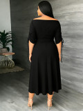Spring Women's Off Shoulder Lace-Up Slim Fit Half Sleeve A-Line Midi Dress