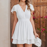 Spring Women's Chic Solid Deep V-Neck Slim Waist Ruffle Flutter Sleeve A-Line Mini Dress
