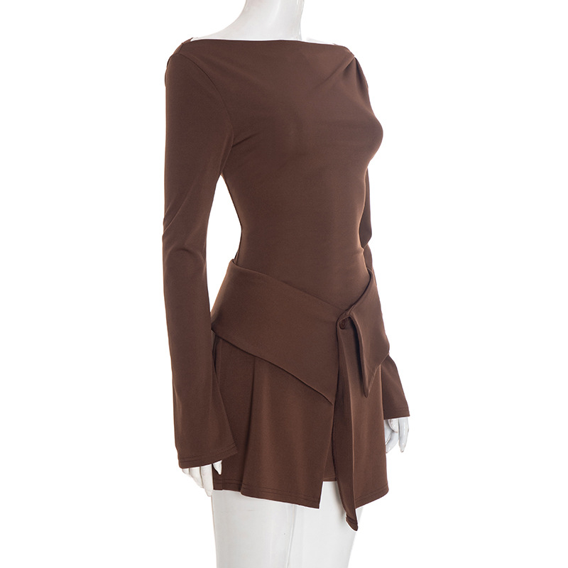 Flared Sleeve Short Dress & Button-Front Skirt Two-Piece Set