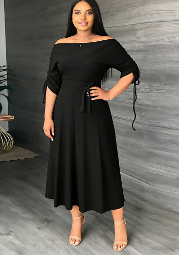 Spring Women's Off Shoulder Lace-Up Slim Fit Half Sleeve A-Line Midi Dress