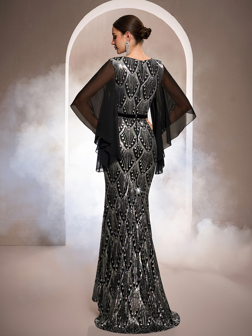 Luxury Long Sleeve Round Neck Sequin Mermaid Evening Dress