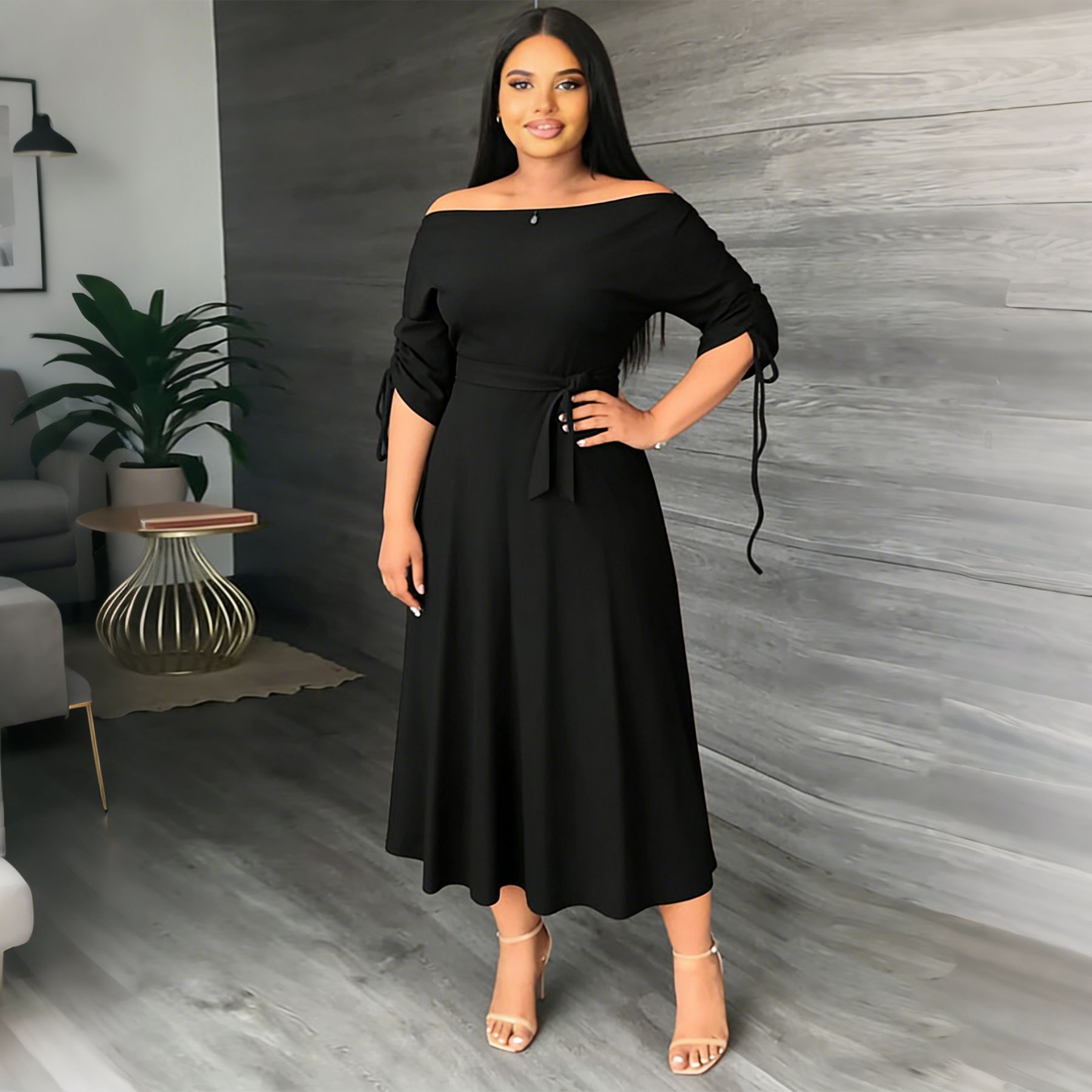 Off-Shoulder Lace-Up Slim Fit Half Sleeve A-Line Midi Dress